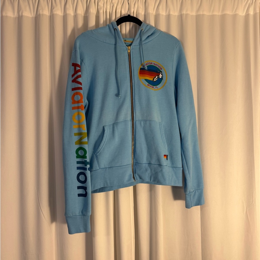 Blue Aviator Nation Miami Hoodie with Rainbow Logo